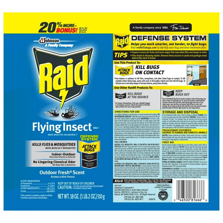 4 Pack Raid Flying Insect Killer 7 Kills Flies etc. In/Outdoor Fresh Scent 18 oz