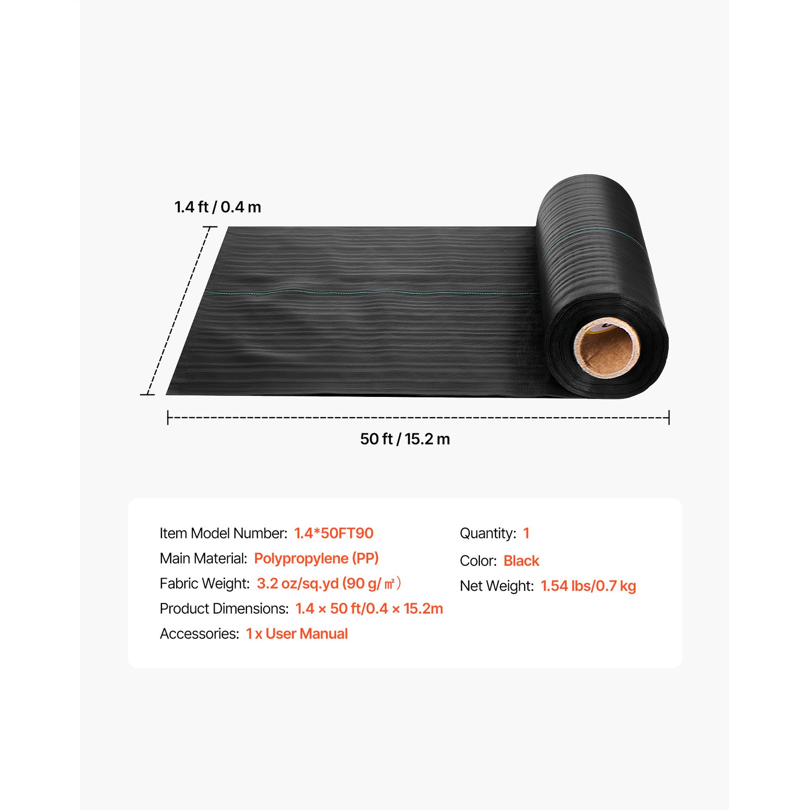 Uimoso 1.4′ x 50′ Weed Barrier Fabric 3.2 oz Ground Landscape Weed Control Cover