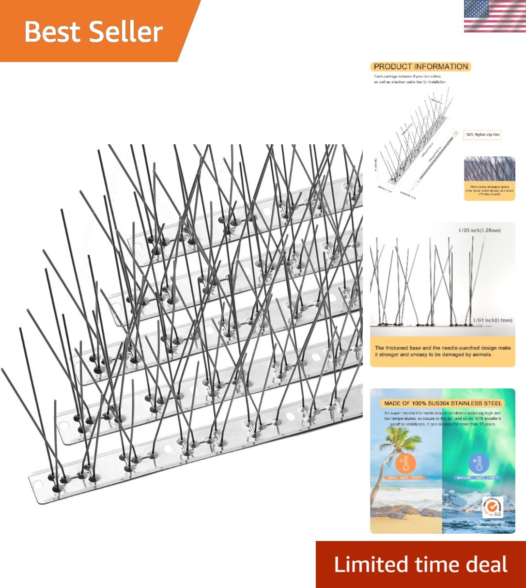 10.2 Feet Stainless Steel Bird Spike Kit for Pigeon Control – Modern Design