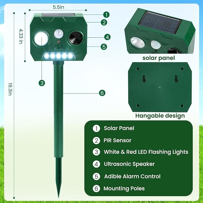 2026 Upgraded Solar Ultrasonic Animal Repellent Motion Activated Deer Repellen