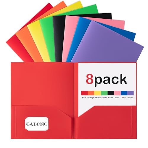 CADONO Plastic Folders with Pockets (8 Pack,Assorted Colors), Durable Heavy