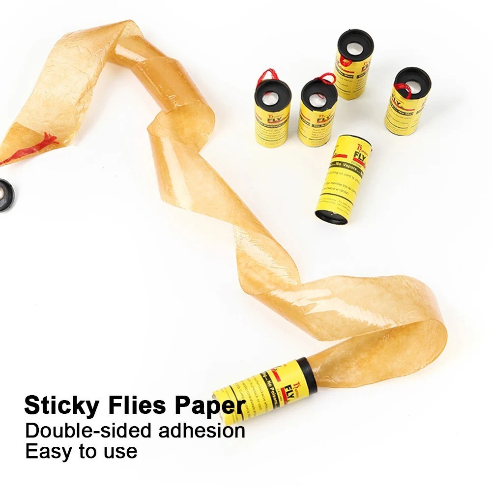 4 Rolls Insect Bug Fly Glue Paper Catcher Sticky Flies Trap Ribbon Tape Strip