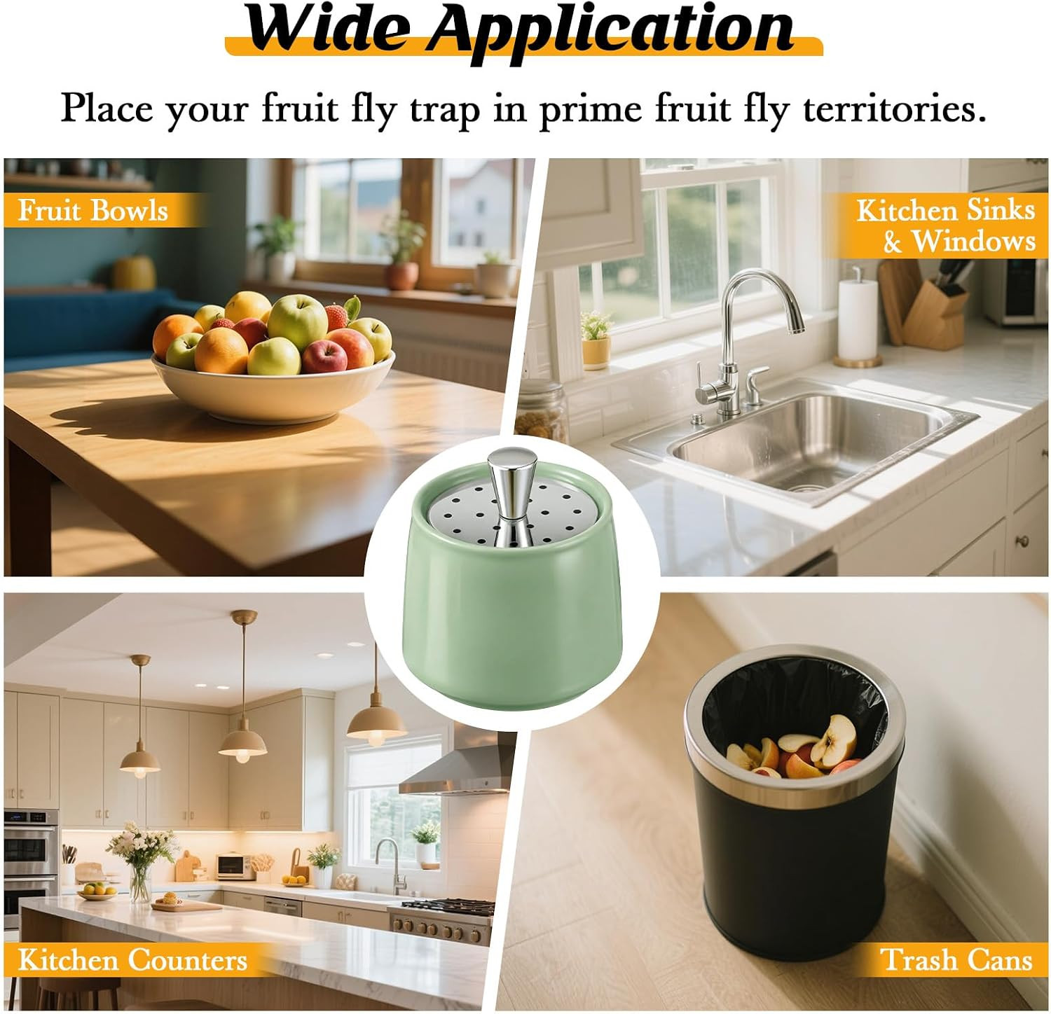 Ceramic Fruit Fly Trap for Indoors, Reusable Kitchen Fly Catcher with Stainless
