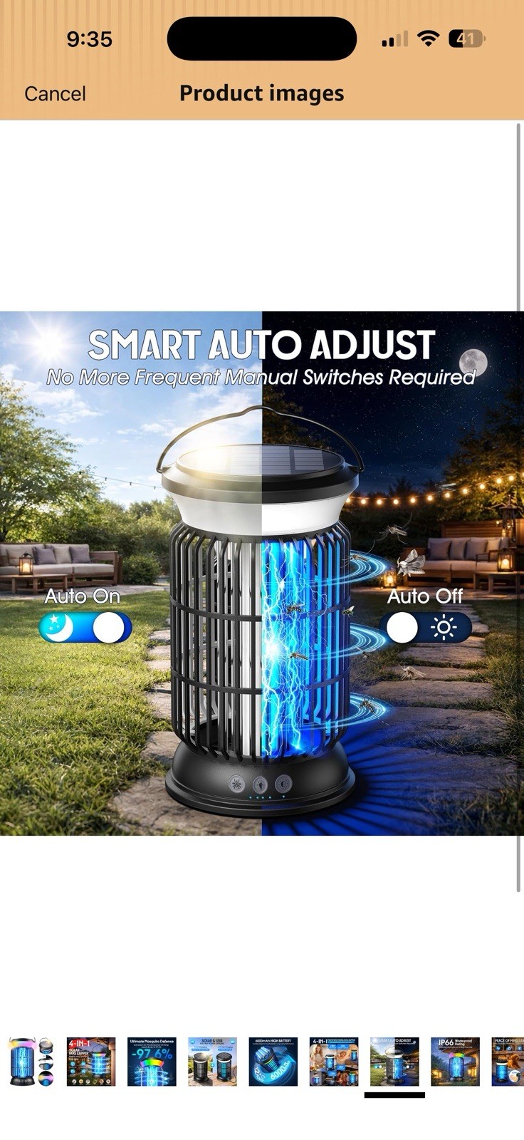 Solar + USB Bug Zapper Lantern, Waterproof, Indoor/Outdoor, Black