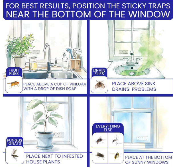 50 Pack Window Fly Traps Sticky Clear Non-Toxic Indoor Fruit Gnat Housefly Trap