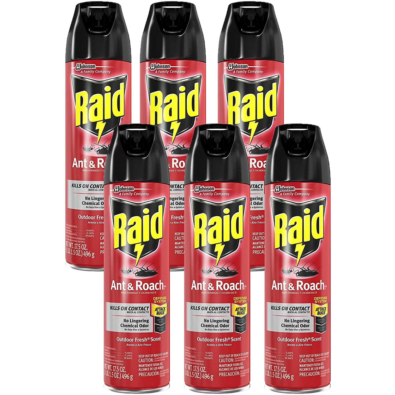 6 Cans Raid Ant & Roach Killer Spray Cans 17.5 oz (6-pack)