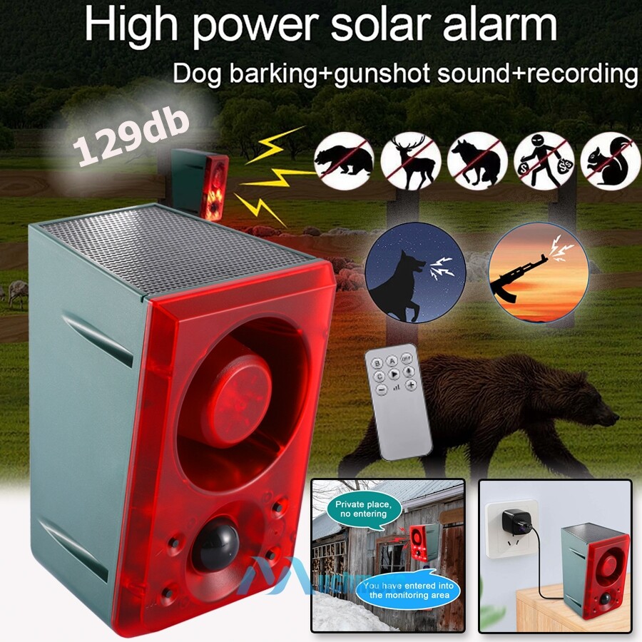 Solar Motion Sensor Alarm Emits Loud Dog Barking & Gunshot Sounds up to 130db