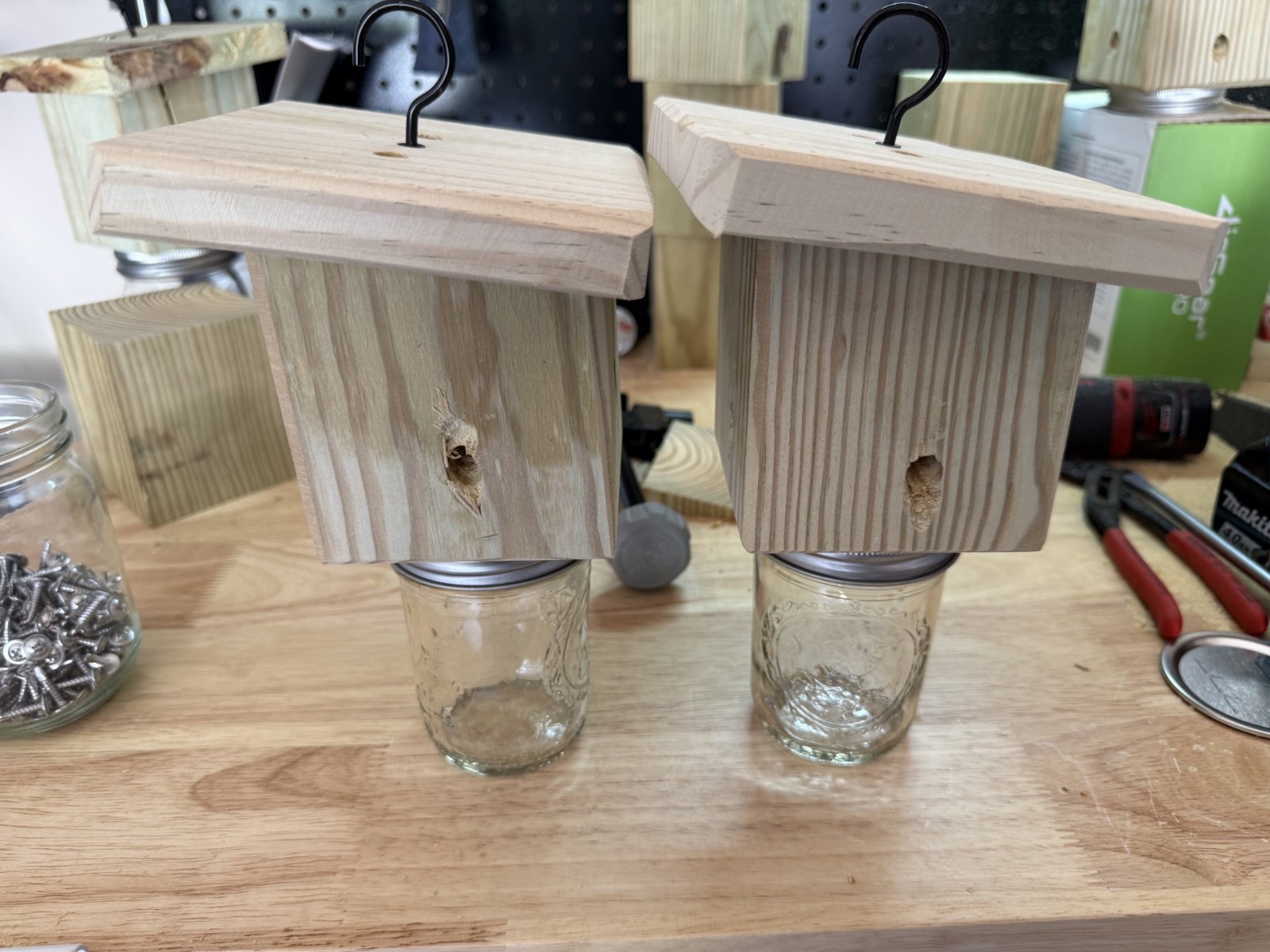 Handmade Set Of 2 Pine Carpenter Bee Traps w/ Jars and DClip Hook Free Shipping!