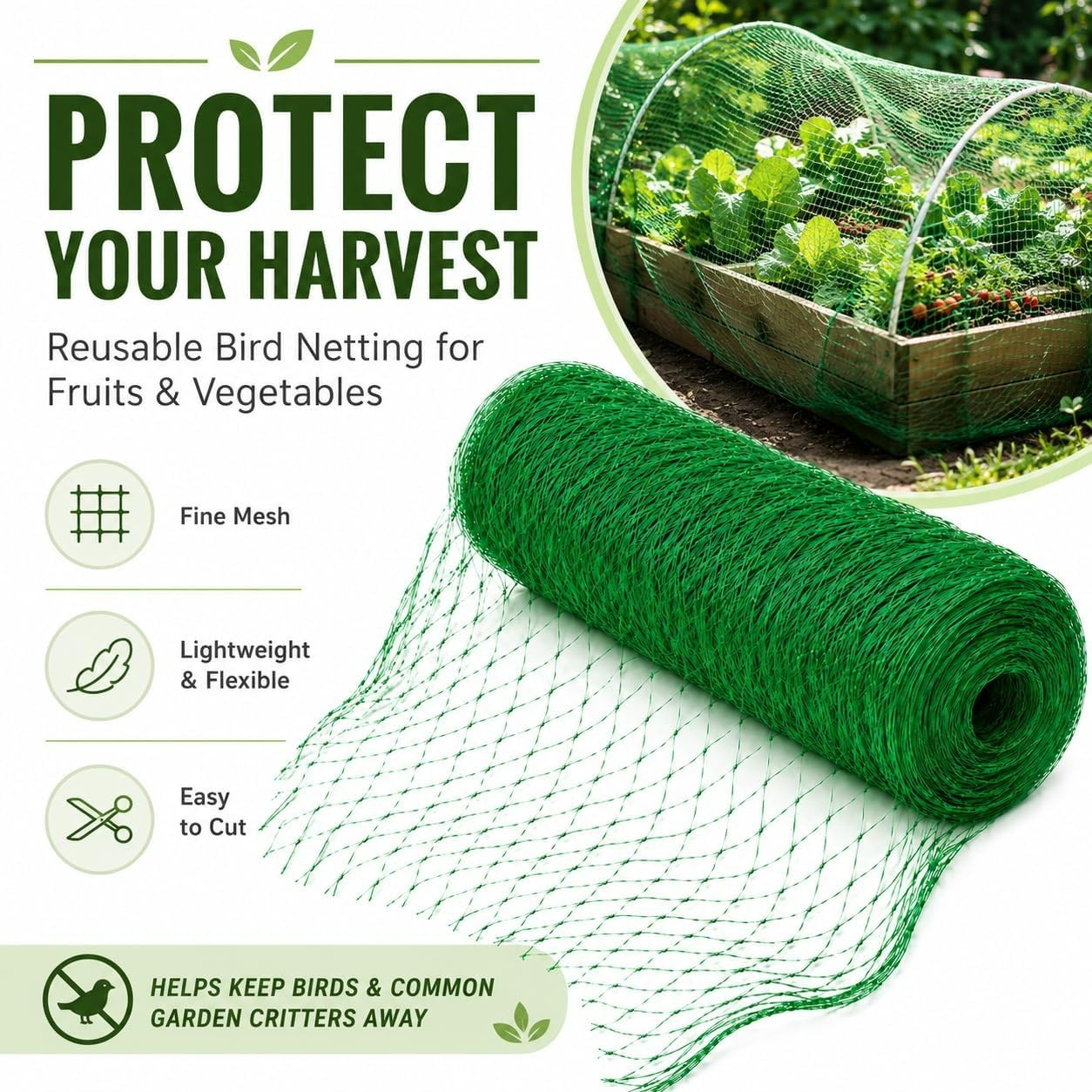 Multi-Purpose 13 x 20 FT Garden Netting for Fruits, Vegetables & Plants