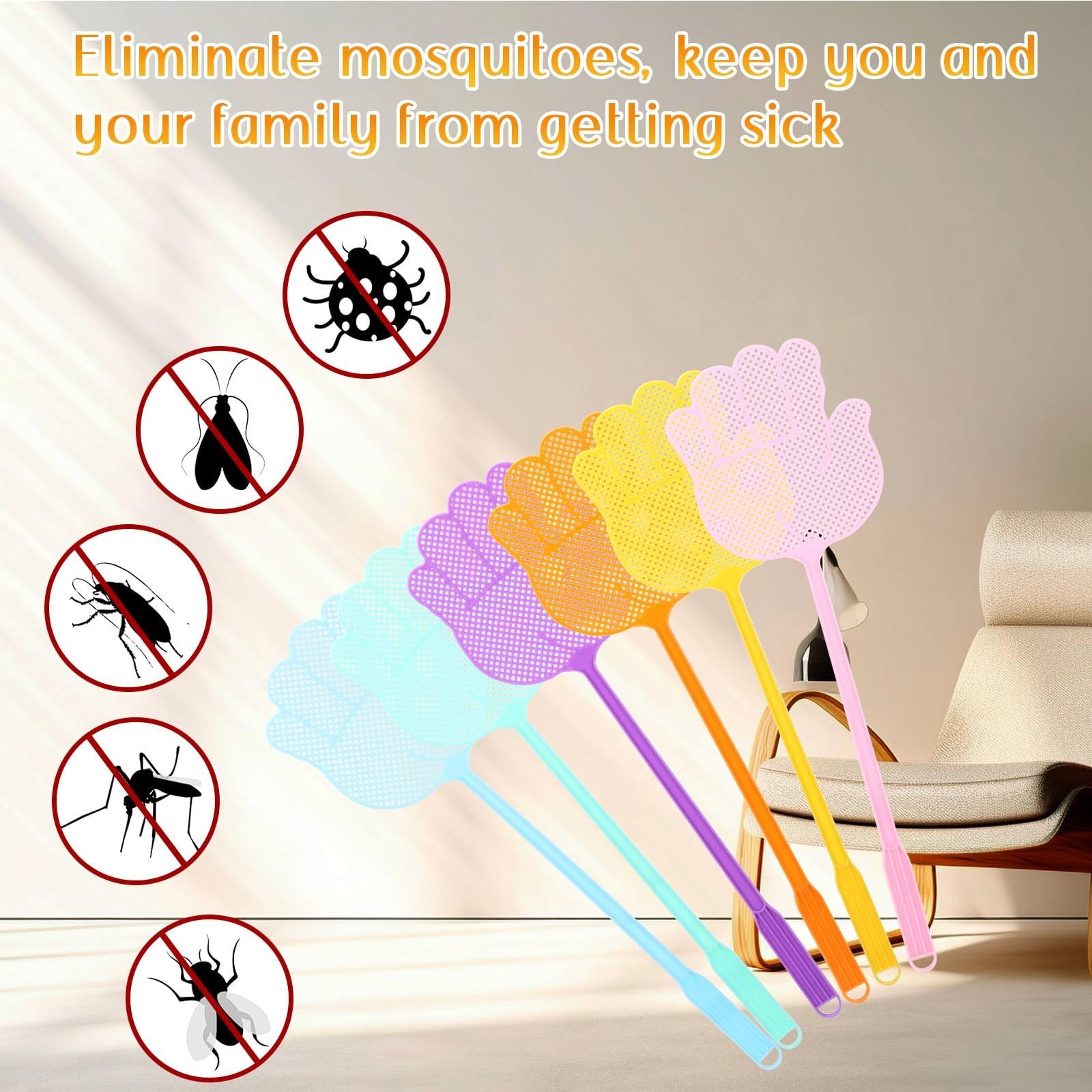 36 Pcs Long Handle Fly Swatter – Heavy Duty Manual Bug Killer, Assorted Colors