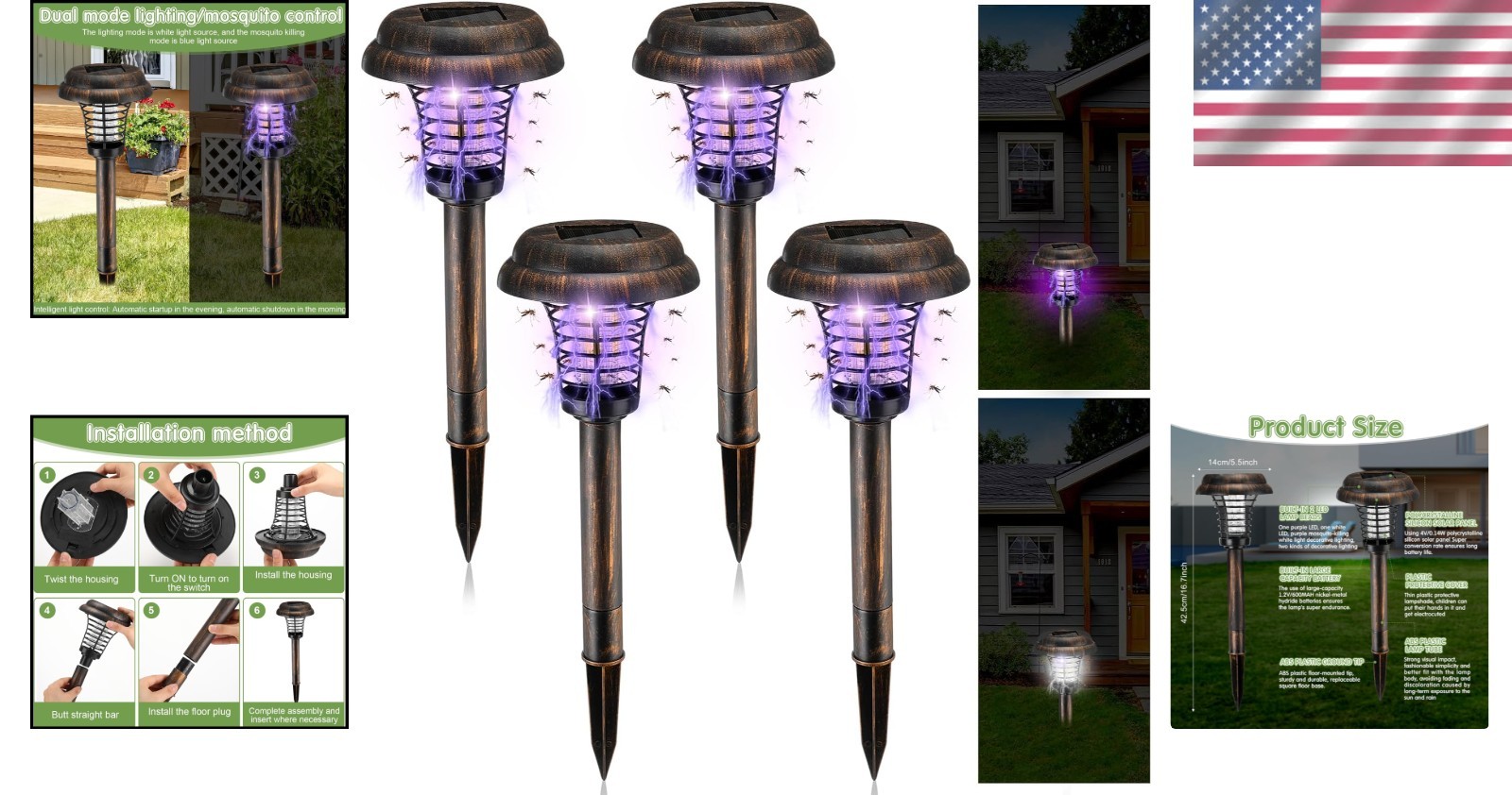 4 Pcs Solar Bug Zapper Waterproof Outdoor Mosquito Zapper Killer and Lighting Re