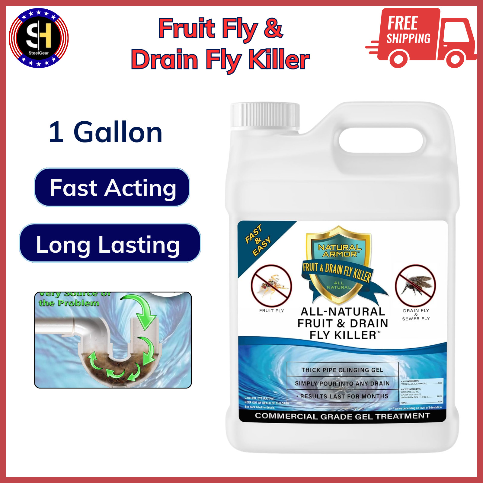 Fast-Acting 1 Gallon Fruit Fly & Drain Fly Killer Non-Toxic Drain Gel Treatment