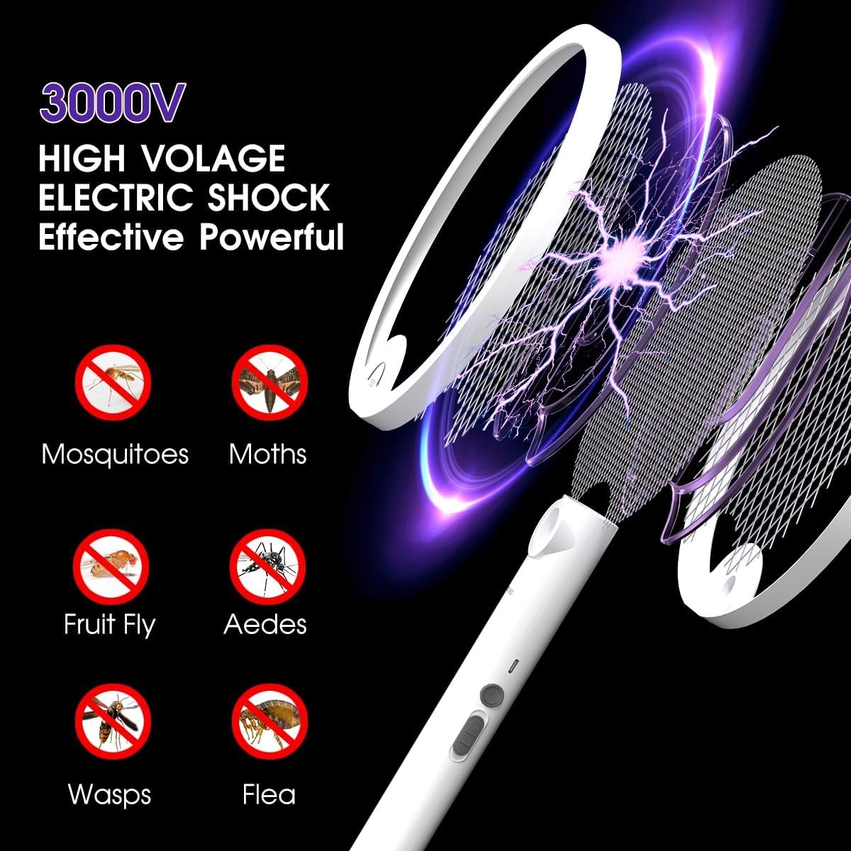 Electric Fly Swatter 4000V, Bug Zapper Racket Indoor with USB Rechargeable