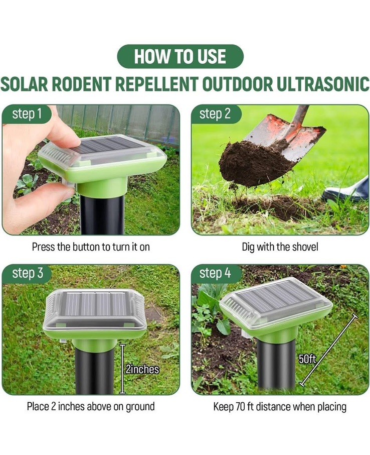 4 PCs Solar Power Ultrasonic Repellent Mice Gopher Mole Snake Squirrel Repeller