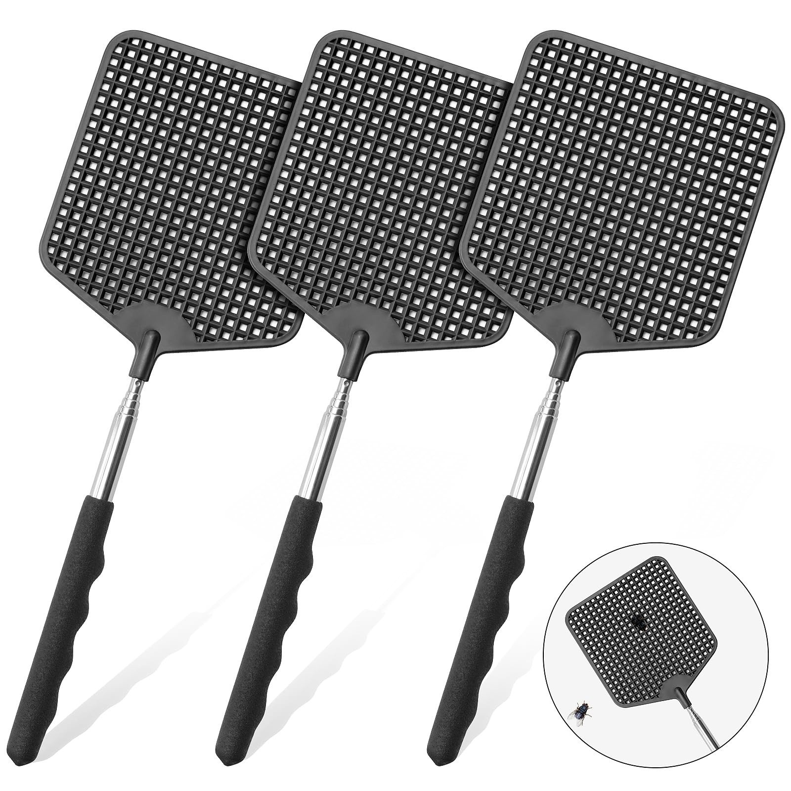 Extendable Fly Swatters 3 Packs, Stainless Steel Long Handle Manual Pest Control