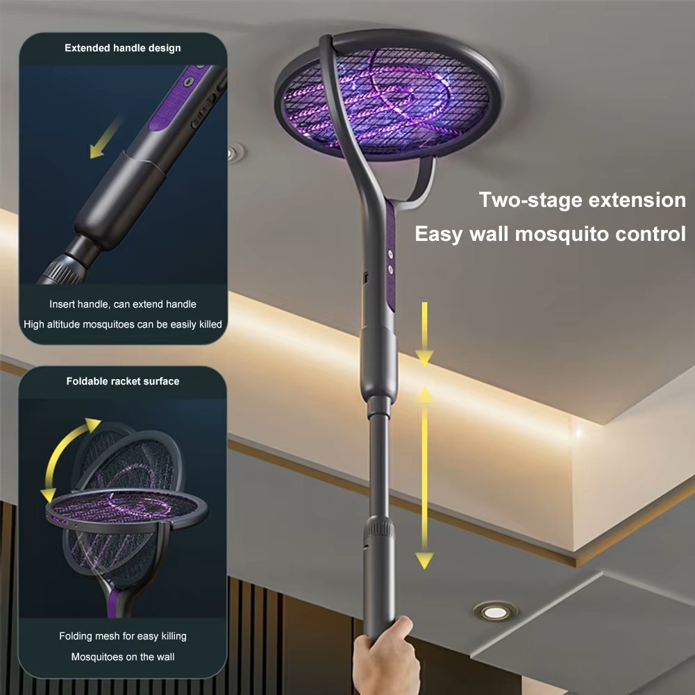 Electric Fly Swatter Bug Zapper 360° Rotating Rechargeable Telescopic Racket New