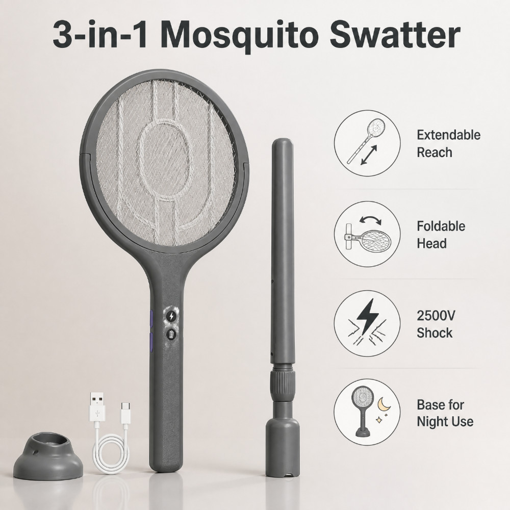 Electric Fly Swatter Bug Zapper 360° Rotating Rechargeable Telescopic Racket New