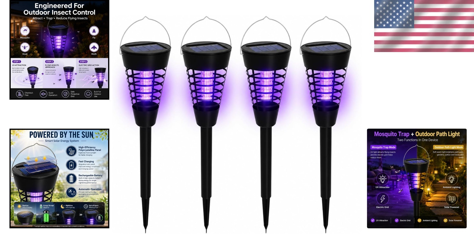4 Pcs Solar Bug Zapper Waterproof Outdoor Mosquito Zapper Killer and Lighting Re
