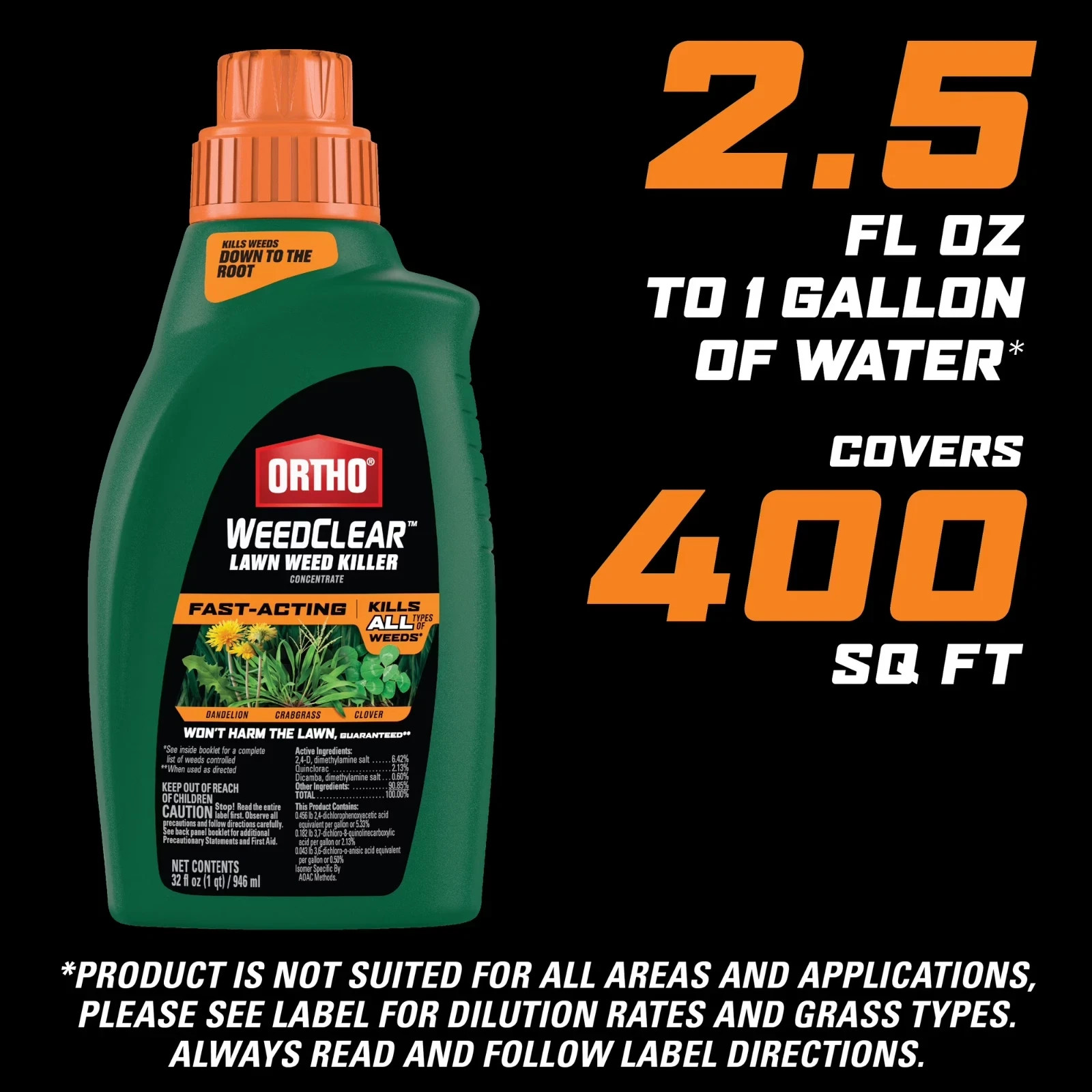 Ortho WeedClear Lawn Weed Killer Concentrate, Kills Crabgrass and Dandelion, 32