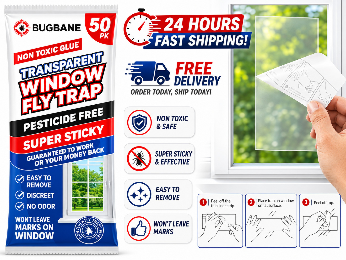 50 Pack Window Fly Traps Sticky Non-toxic Clear Fly Paper Indoor for Home&office