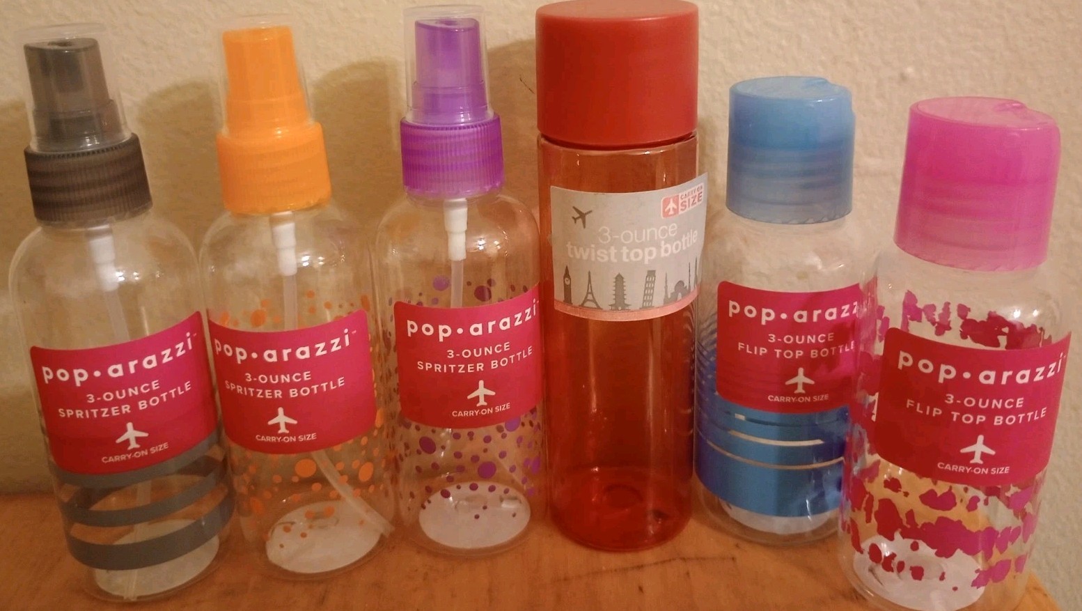 6 New Pop*arazzi Brand travel size 3 oz bottles-2 Flip Top, 1 Twist Top&3 Spray