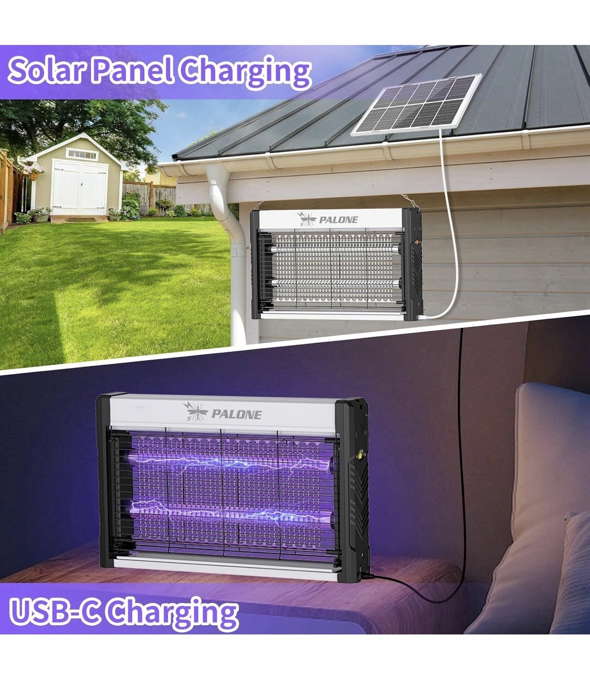 PALONE Solar Bug Zapper Lantern, USB-C Charging, Indoor/Outdoor Mosquito Fly