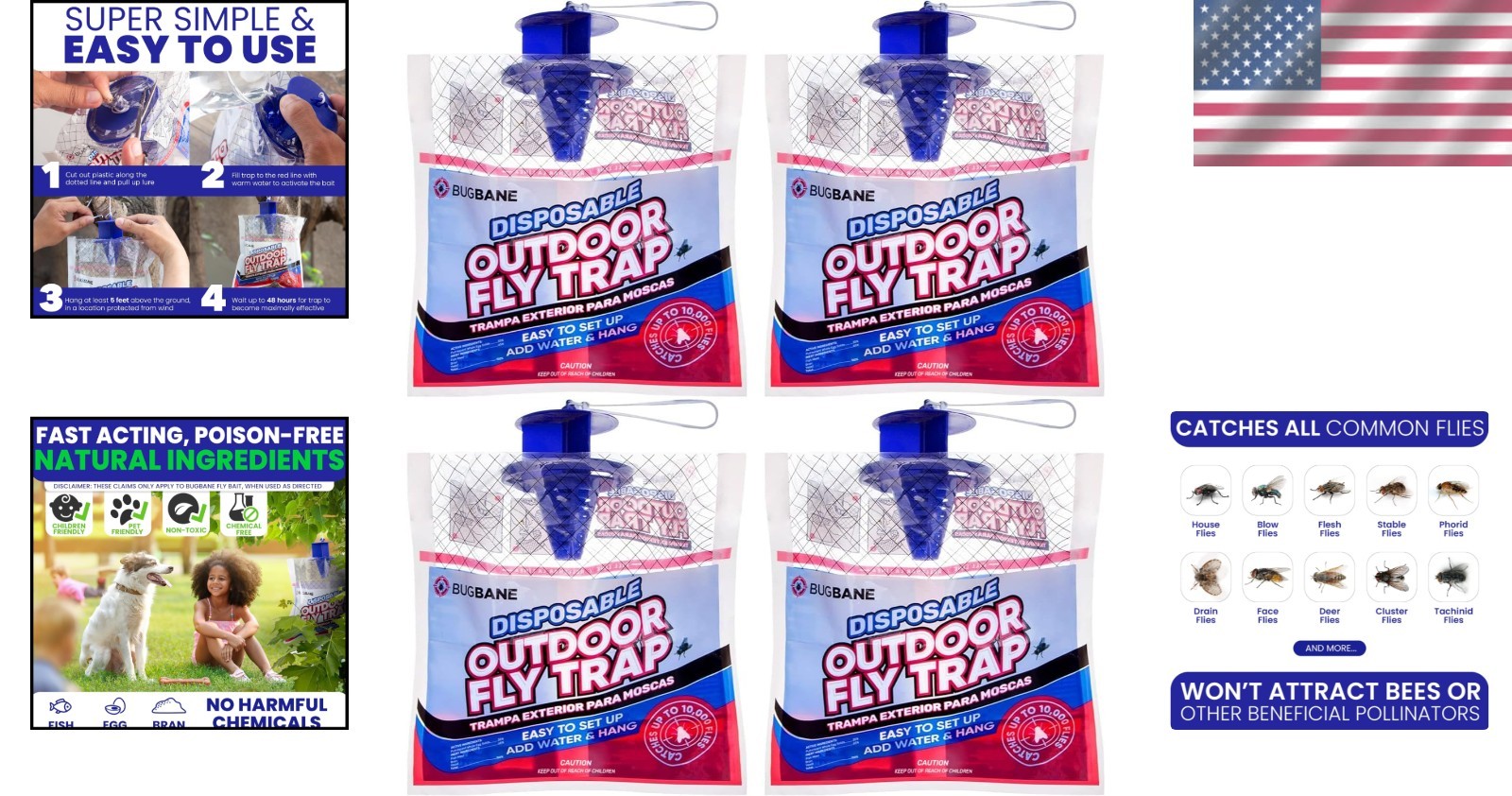 4-Pack Non-Toxic Pre-Baited Fly Bags – Ideal for Outdoor Spacing & Activities