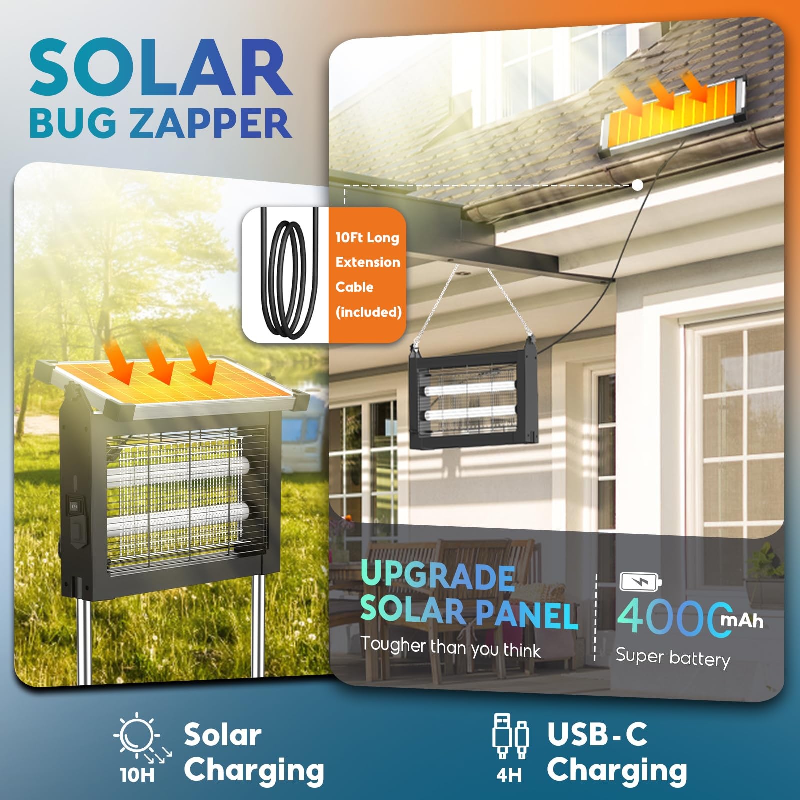 Solar Bug Zapper Outdoor, Mosquito Zapper 4500V, Waterproof Portable Fly Zapp…