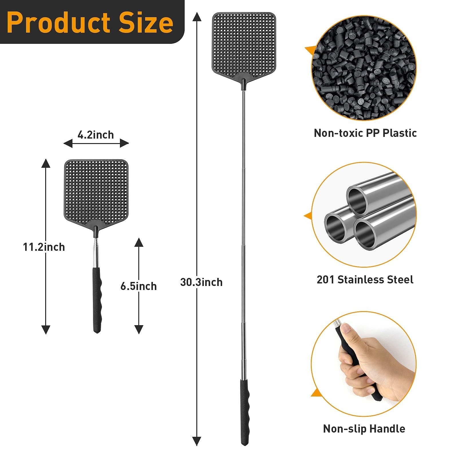 Extendable Fly Swatters 3 Packs, Stainless Steel Long Handle Manual Pest Control