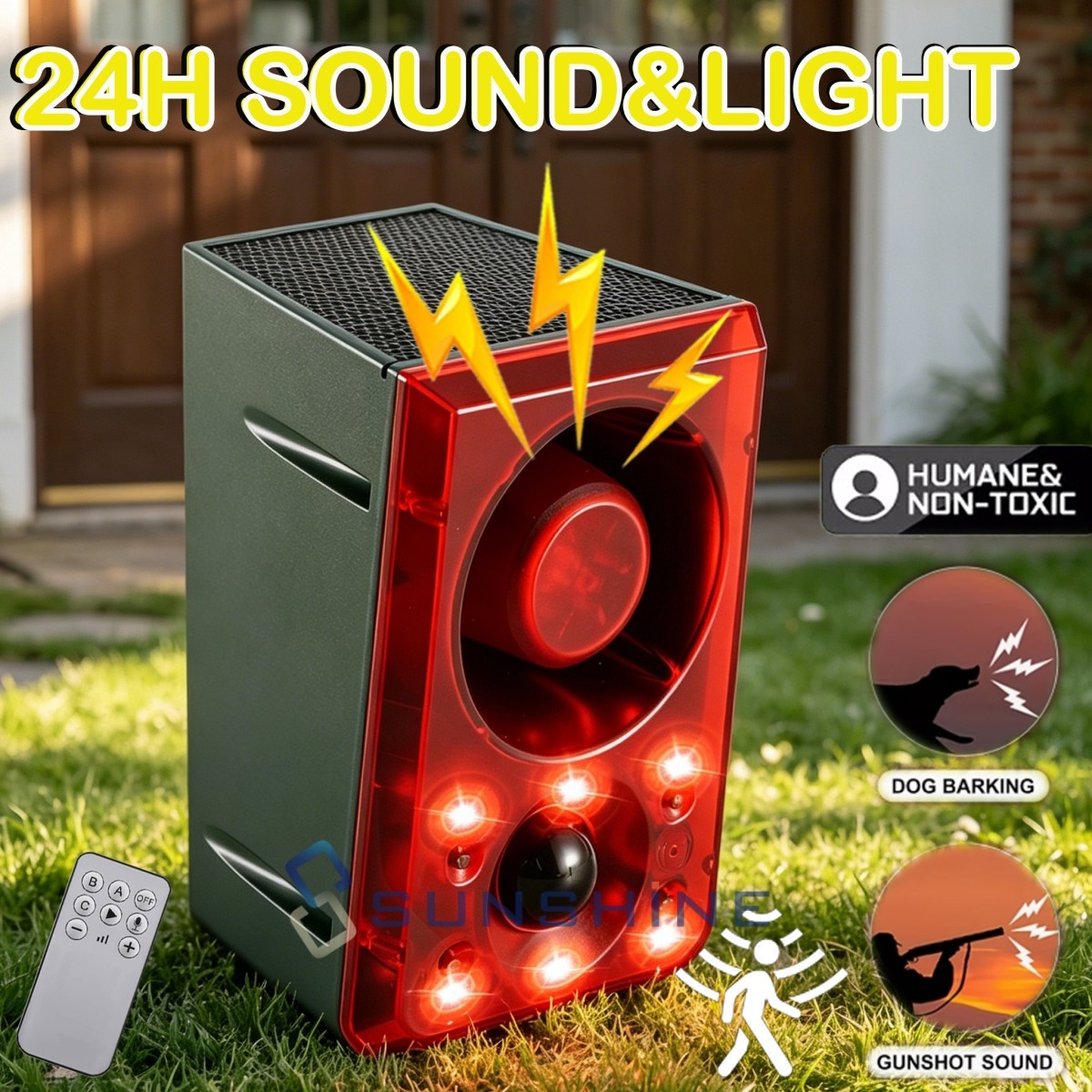 Solar Outdoor Motion Sensor Alarm 130dB Dog Barking & Gunshot Sound Strobe Light