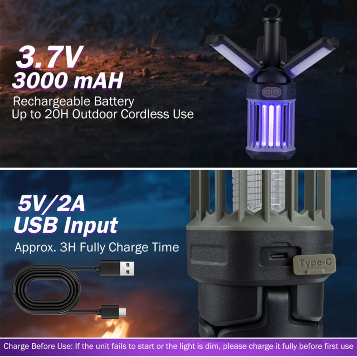 IPX6 Waterproof Mosquito Killer 2-in-1 Rechargeable Bug Zapper Camping Lantern