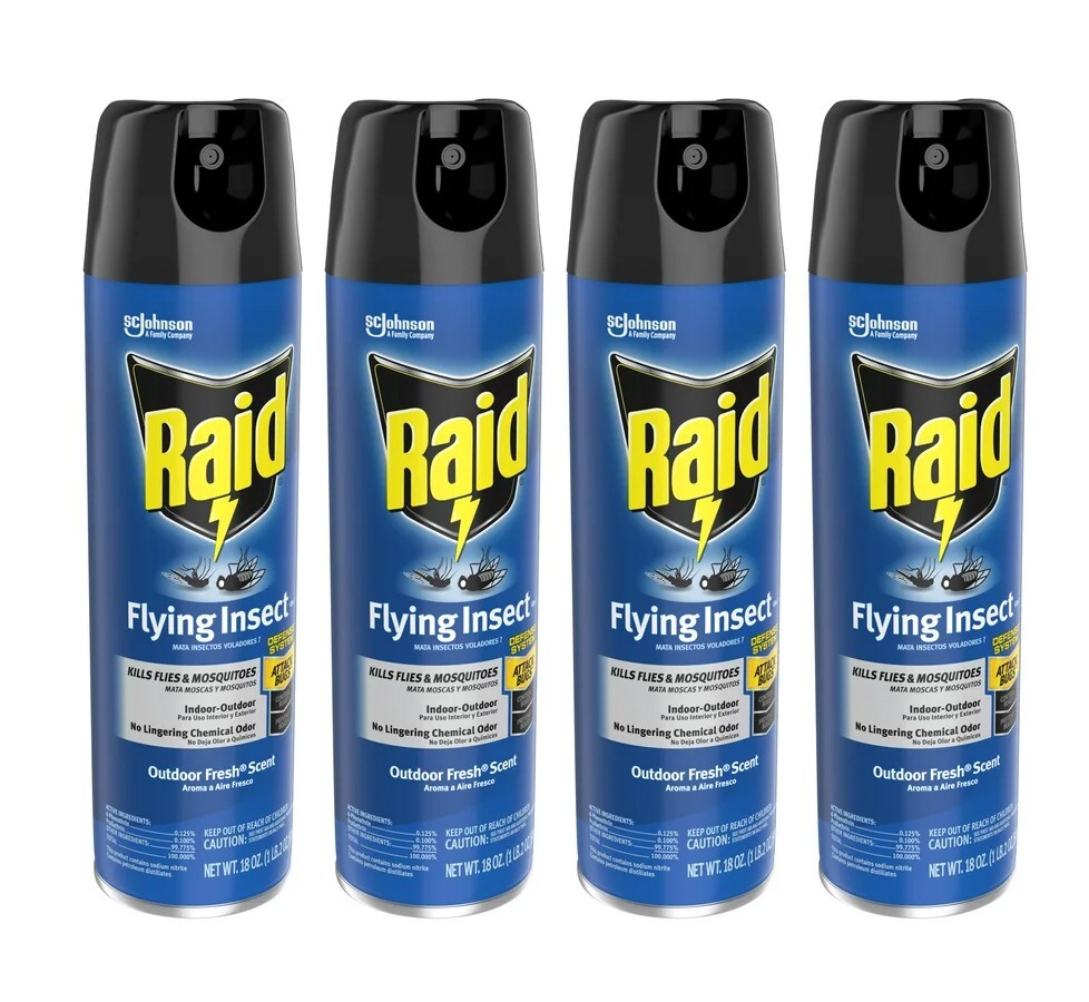 4 Pack Raid Flying Insect Killer 7 Kills Flies etc. In/Outdoor Fresh Scent 18 oz