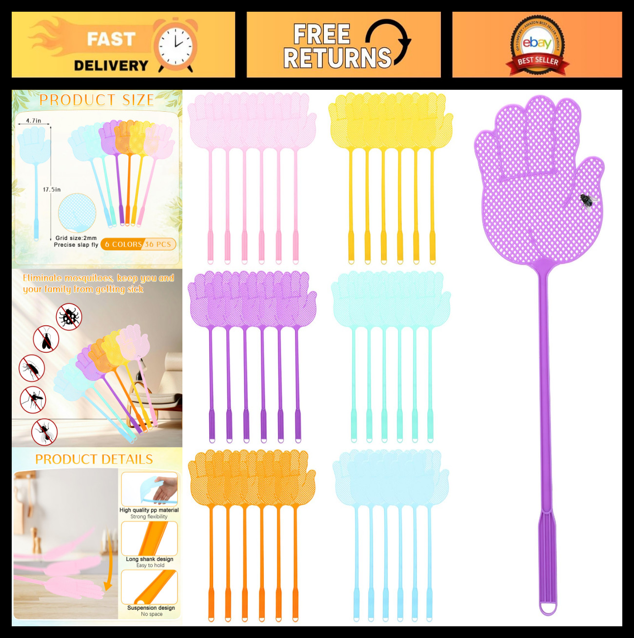 36 Pcs Long Handle Fly Swatter – Heavy Duty Manual Bug Killer, Assorted Colors