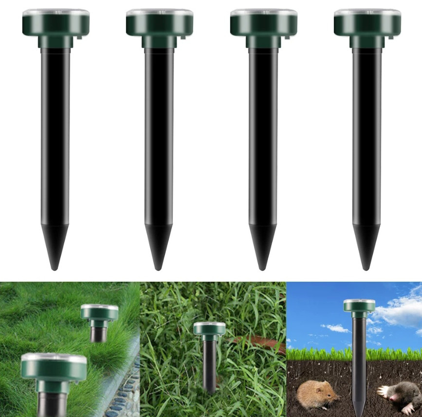 4pcs Solar Ultrasonic Mole & Rodent Repeller Outdoor Pest Control Yard Lamp