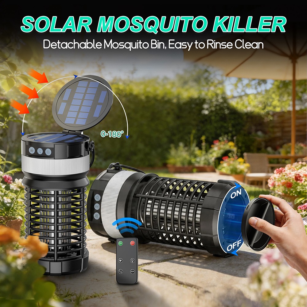 Solar Bug Zapper Dual Solar Panels 4000mAh Remote IP65 UV Outdoor Insect Trap