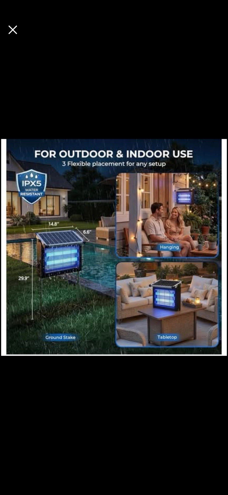 Solar Bug Zapper Outdoor, 4500V Waterproof Mosquito Zapper with 10W Solar Panel,