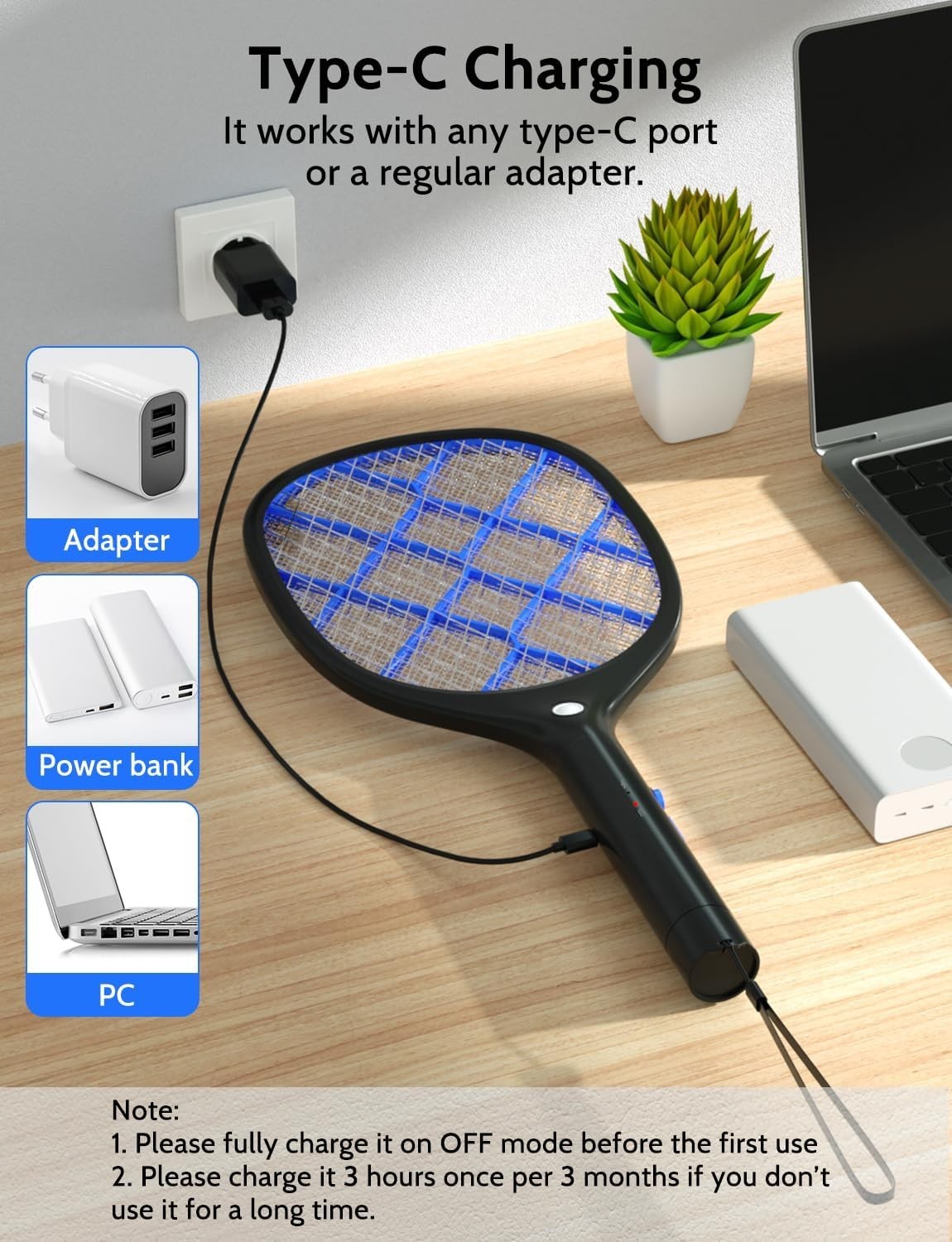 Electric Fly Swatter Bug Zapper Racket 4000V Rechargeable Mosquito Killer wit…