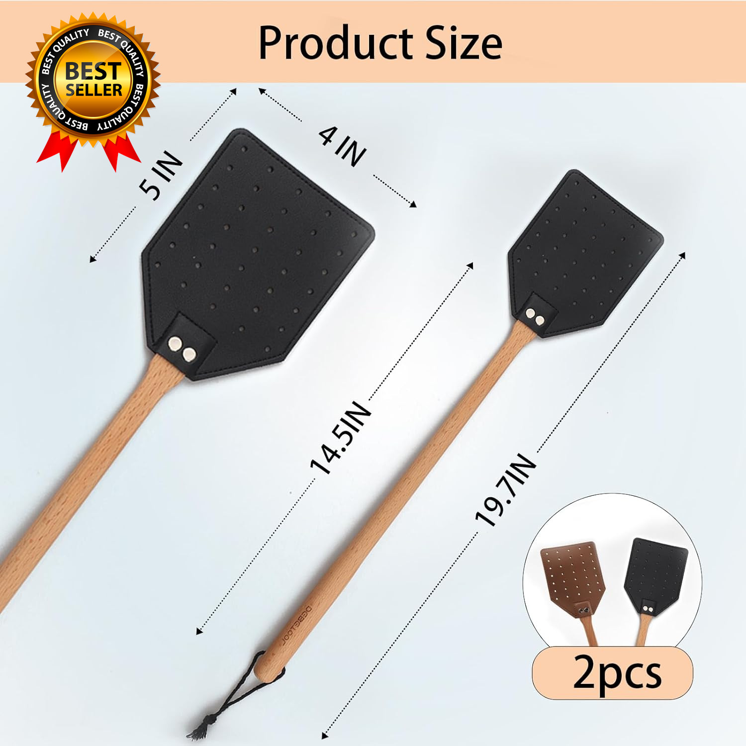 2 Pack Sturdy Leather Fly Swatter for Indoors (19.7”)Long Handle Heavy Duty
