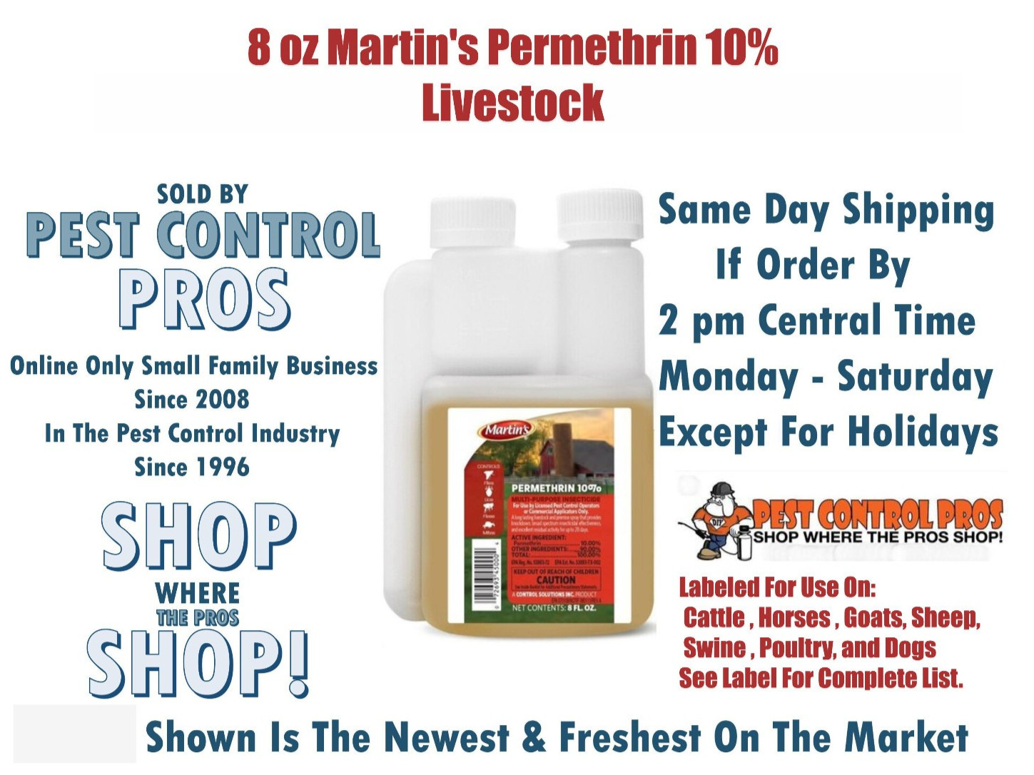 8 oz Martins 10% Permethrin Kills Fleas Flies Lice Mites Ticks Livestock Kennel
