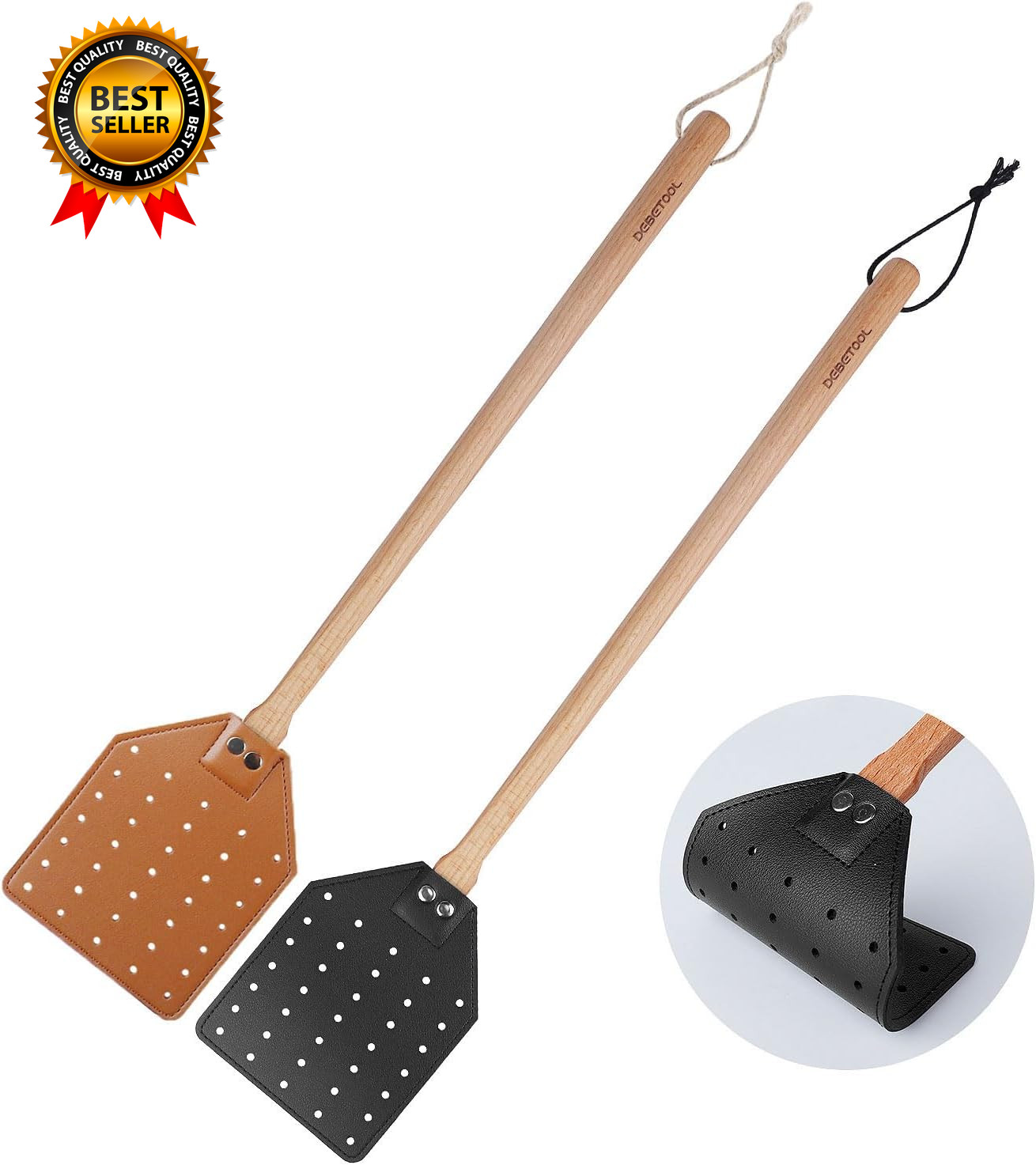 2 Pack Sturdy Leather Fly Swatter for Indoors (19.7”)Long Handle Heavy Duty