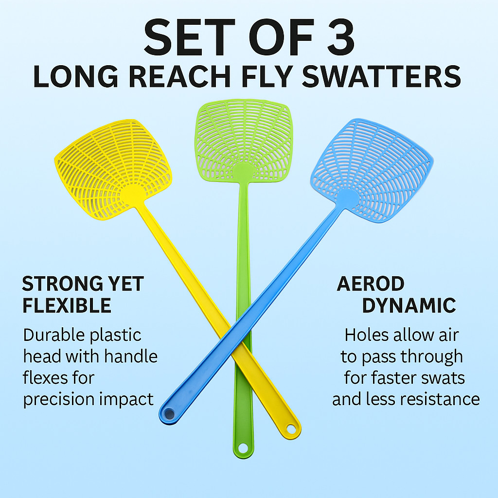 3 Pack Bug & Fly Swatter Extra Long Handle Indoor Outdoor 17.4″ Long