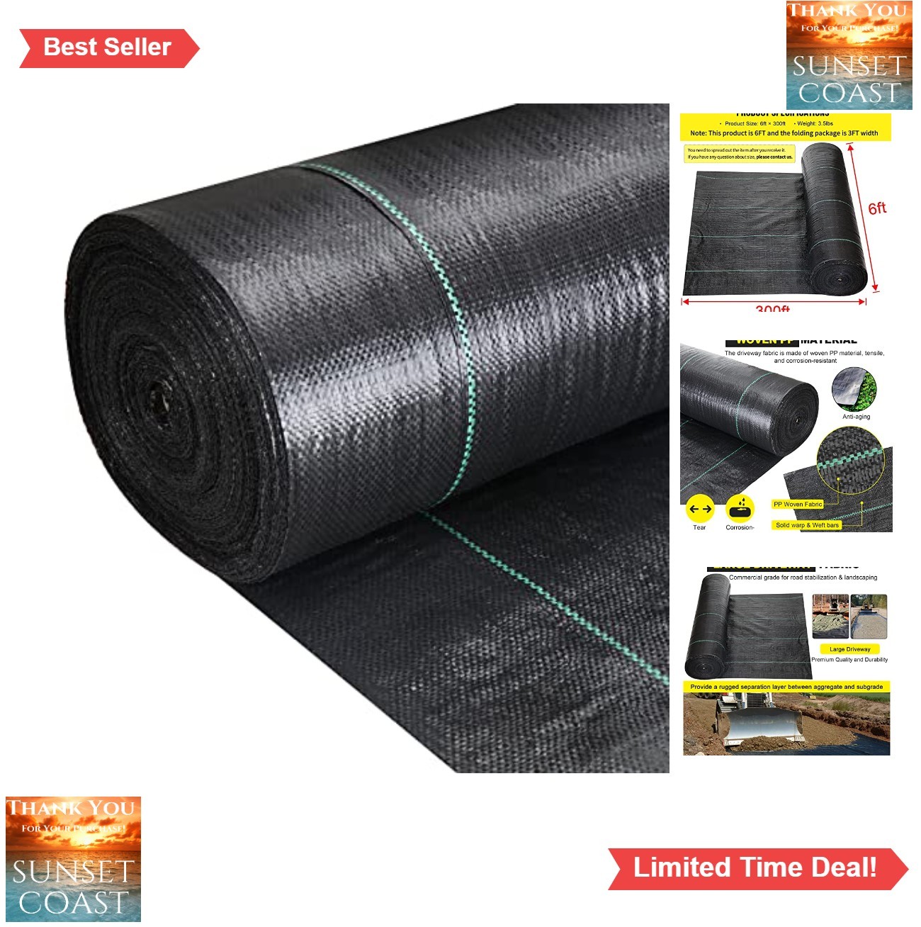 Driveway Fabric 6×300 ft Heavy Duty 3.5oz Weed Barrier for French Drain Erosion