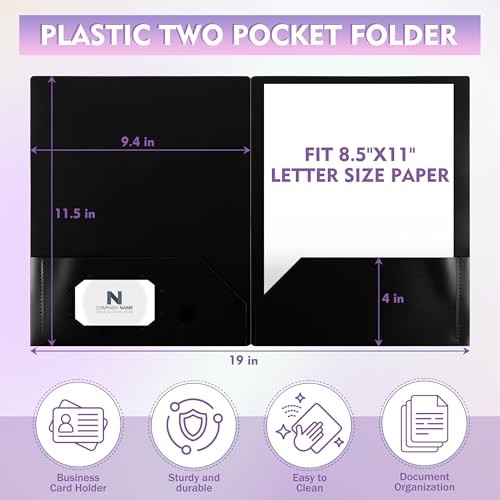Pack 2 Pocket Folders,Heavy Duty Plastic Folders for Letter Size 25 Black