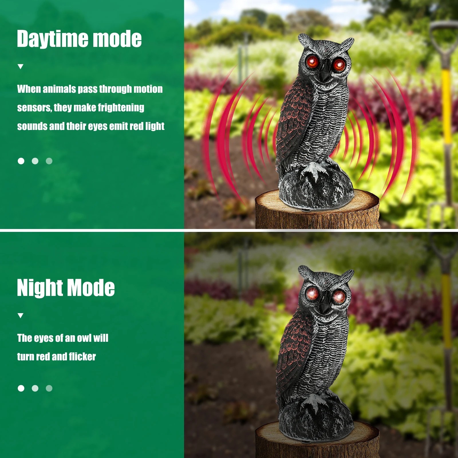 Solar Powered Fake Owl Decoy Scarecrow w/Flashing Eye & Sound For Garden Outdoor