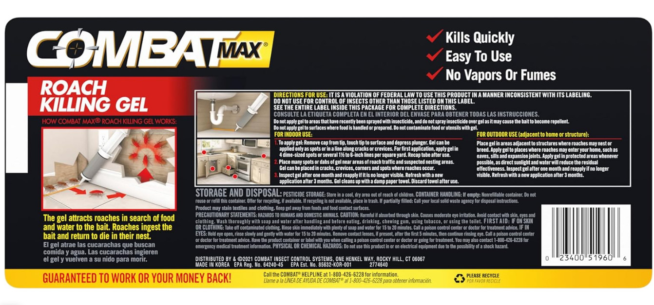COMBAT MAX Mata Cucarachas Gel Jeringa Cebo Asesino Fuente Interna / Externa
