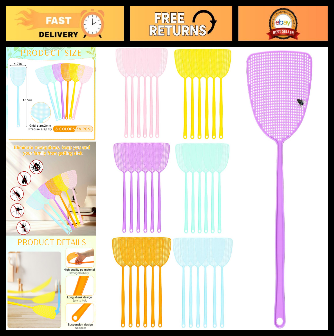 36 Pcs Long Handle Fly Swatter – Heavy Duty Manual Bug Killer, Assorted Colors