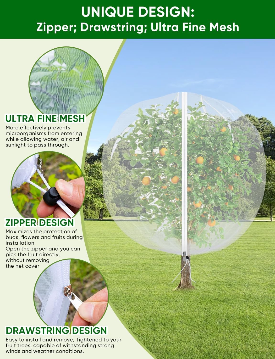 4Pcs Fruit Tree Netting – 4x5FT Zipper Mesh Bags for Birds, Cicadas, Insects