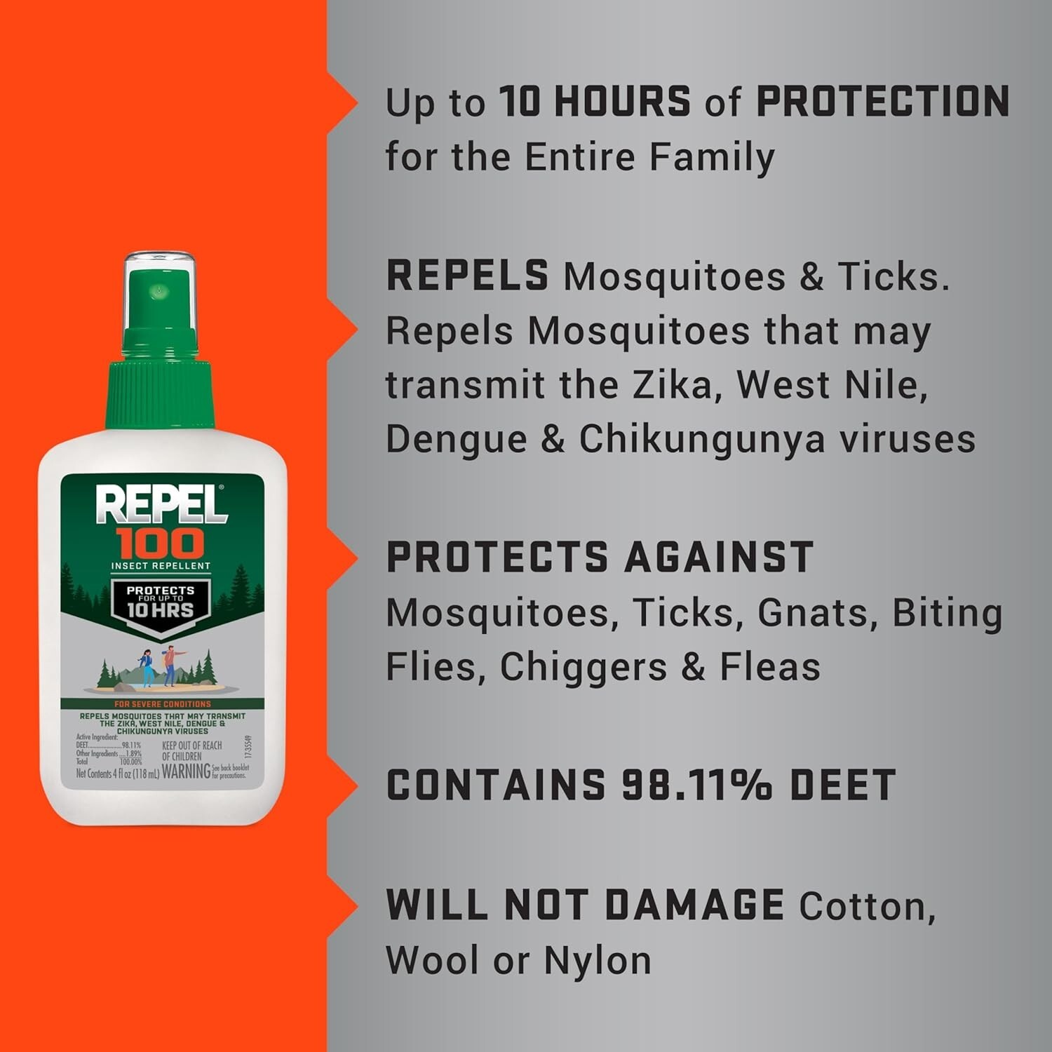 Repel Insect Repellent Spray 100% DEET 4oz – 10-Hour Protection for Outdoors