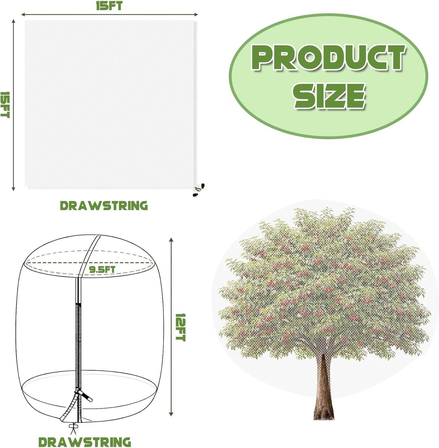 1Pcs 15Ft X 15Ft Extra Large Fruit Tree Netting Cover with Zipper and Drawstring