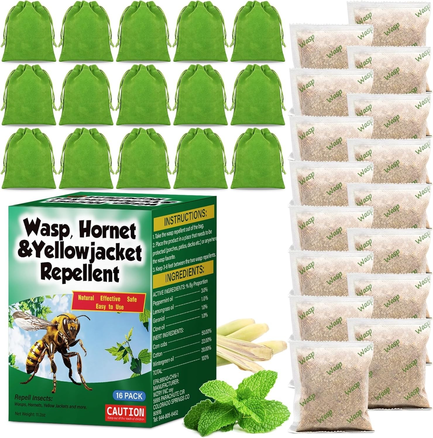 16 Pack Natural Wasp and Bee Repellent Pouch Outdoor, Peppermint Oil Carpenter B